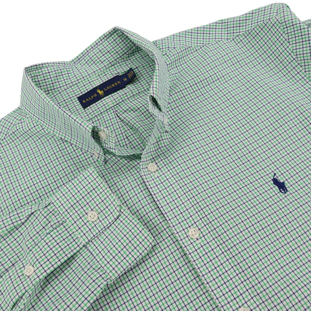 Ralph Lauren Mens Green Blue Check Button Down Shirt Size 18 Long Sleeve Pony